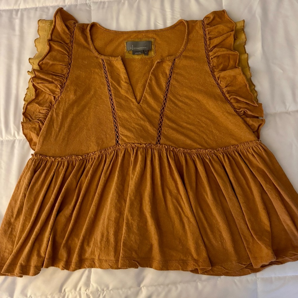 Anthropologie Ruffled Sleeve Tan Babydoll Blouse size medium - Picture 4 of 5